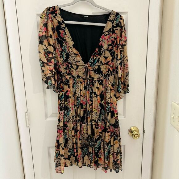 Love Sam Anthropologie Floral Mini Dress Size Medium Tan Multicolor Plunge Neck - Picture 1 of 8